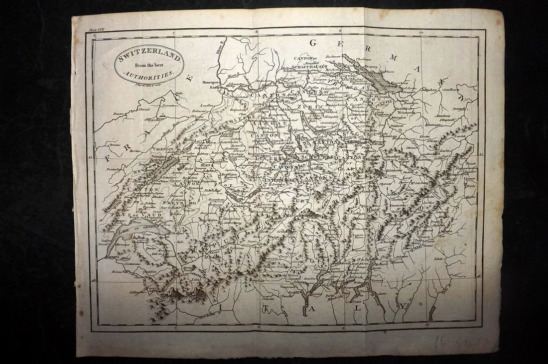 Guthrie, William 1812 Antique Map. Switzerland: Copper Engraved Map Published 1812, London for "A New Geographical, Historical and Commercial Grammar..." by William Guthrie. The maps are by John Senex, Thomas Kitchin and others. Folds as issued. Pa
