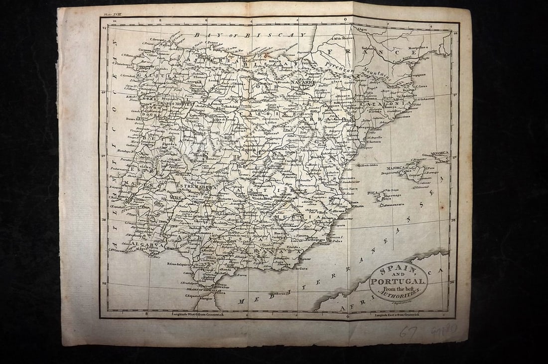 Guthrie, William 1812 Antique Map. Spain and Portugal: Copper Engraved Map Published 1812, London for "A New Geographical, Historical and Commercial Grammar..." by William Guthrie. The maps are by John Senex, Thomas Kitchin and others. Folds as issued. Pa