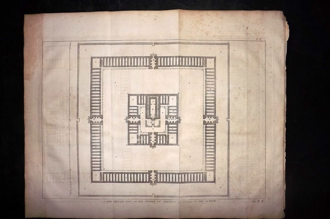 Calmet, Augustin 1732 LG Folio Print. Ground Plan of the Temple of Solomon: Folio Copper Plate Published 1732, London for "An Historical, Critical, Geographical, Chronological and Etymological Dictionary of the Holy Bible" First English Edition by Augustin Calmet. Folds as is