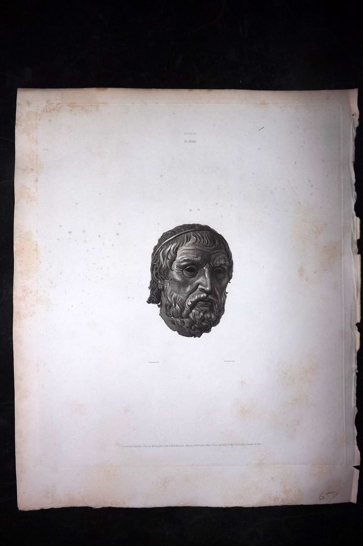 BM Marbles 1815 Folio Greek Statue Print. Bronze head of a Greek Poet 39 (1 of 2)