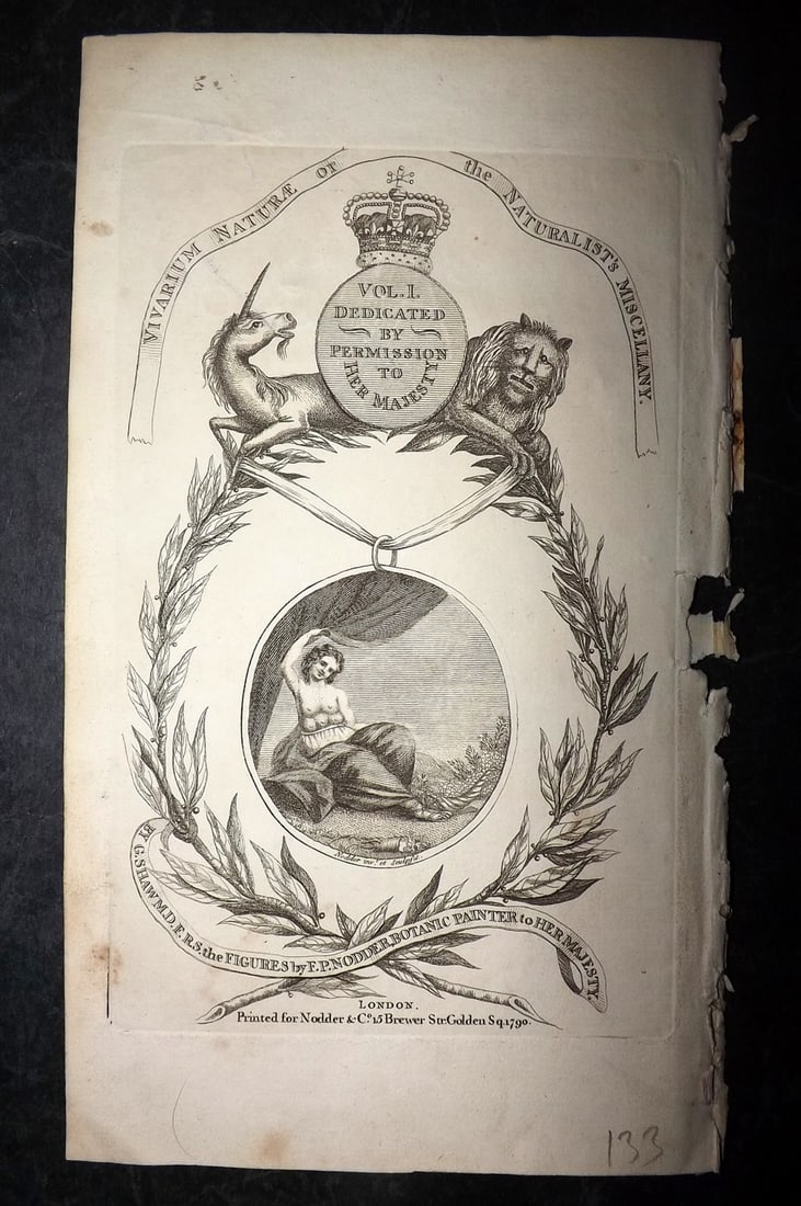Shaw & Nodder 1790 Naturalist's Miscellany Engraved Title Page: Copper Plate Published 1789-1813, London for "The Naturalist's Miscellany: or Coloured Figures of Natural Objects" by George Shaw and Frederick Nodder. Paper Size: 9.5 x 5.5 inch (24 x 14cm) Chip/fray