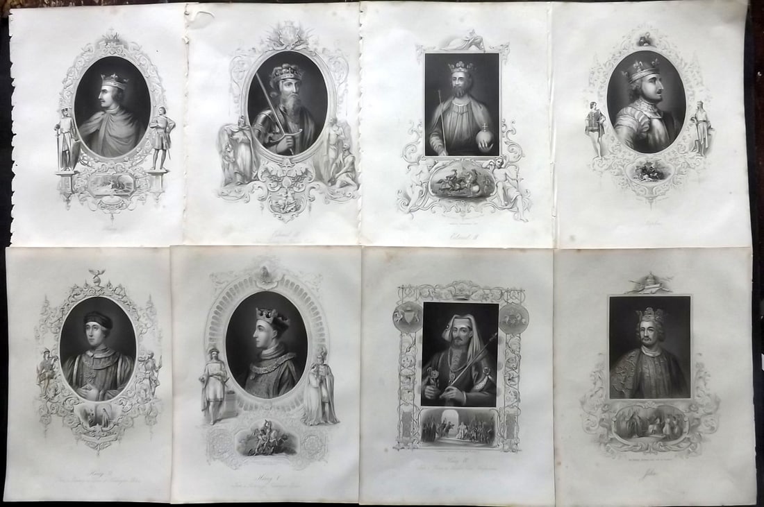 Barclay, James C1845 Lot of 8 Portraits. British Kings: Steel Engravings Published C1845, London for "A Complete and Universal English Dictionary" by the Rev. James Barclay and B. B. Woodward. Maps by F. P. Becker. Outline hand color. Paper Size: 11 x 8 in