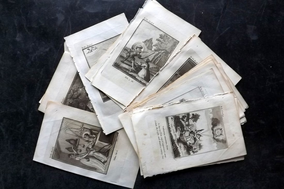 Quarles, Francis 1808 Lot of 16 Antique Emblem Prints: Copper Plate Published 1808, London for "Emblems, Divine and Moral; Together with Hieroglyphics of the Life of Man" by Francis Quarles. Reverse side blank. Paper Size: 6 x 3.5 inch (16 x 9cm) Good Con
