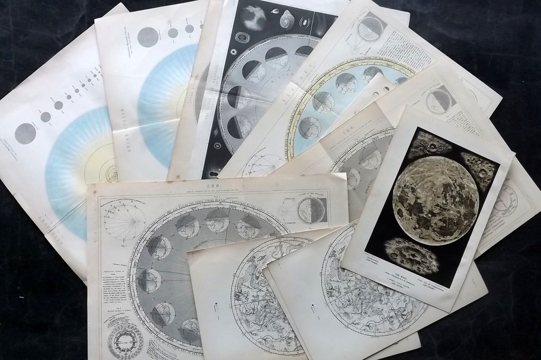Astronomy & Celestial 19th Cent. Lot of 14 Prints & Charts: Some duplictes. Lithographs and Engravings. Examples by The National Encyclopedia, Cassell, and Blackie's Popular Encyclopedia. Paper Size: Up to 14 x 10.5 inch (36 x 27cm) Good Condition