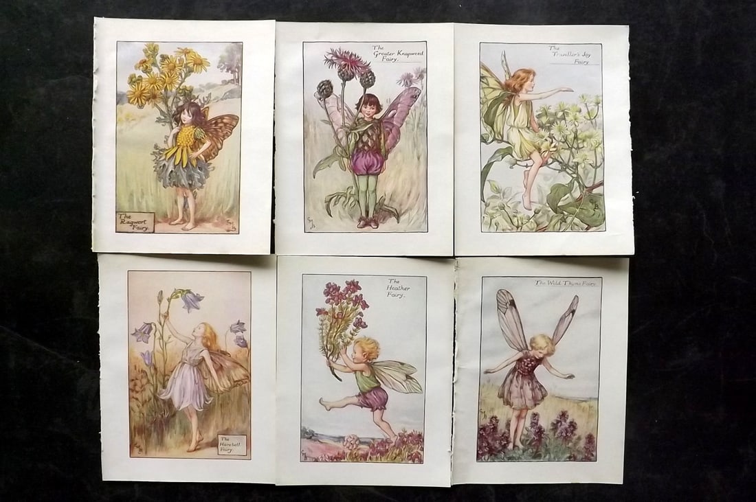 Barker, Cicely Mary C1940 Lot of 6 Flower-Fairy Prints - Summer Fairies: Summer Fairies. Lithographs Published C1935-45 by Blackie & Son, London & Glasgow for the "Flower-Fairies" Series by Cicely Mary Barker. Reverse side blank. Paper Size: 5.5 x 4 inch (14 x 10cm) Good C