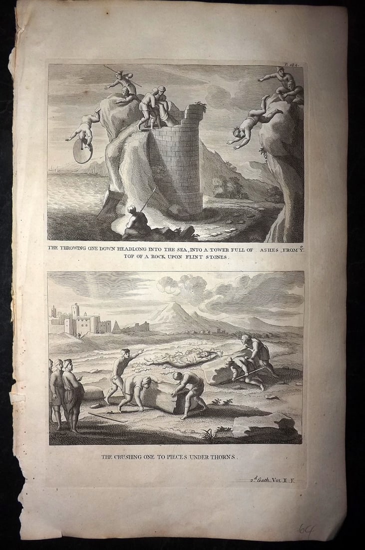 Calmet, Augustin 1732 Folio Print. Punishment - Throwing into the Sea & Crushing under Thorns: Folio Copper Plate Published 1732, London for "An Historical, Critical, Geographical, Chronological and Etymological Dictionary of the Holy Bible" First English Edition by Augustin Calmet. Paper Size: