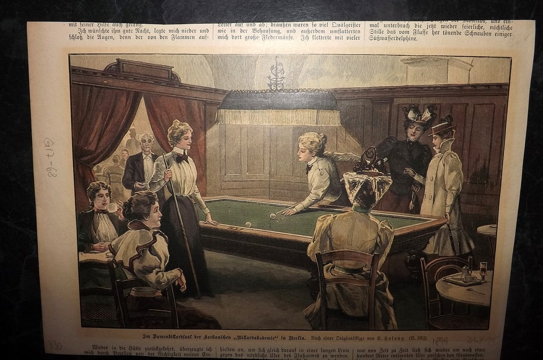Billiards 1899 Hand Col Print. Lady's playing at Berlin (1 of 1)
