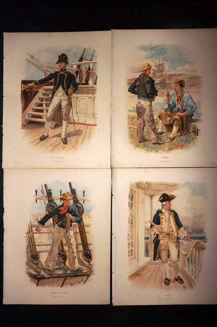 H.M. Navy 1889 Lot of 4 Antique Sailor Prints. Maritime: Chromolithograph Published 1889-1893 by J.S.Virtue & Co., London for "Her Majesty's Navy" By Lt. Charles Rathbone Low. Illustrated by W. Christian Symons and W. Fred Mitchell. Paper Size: 10.5 x 8 inc