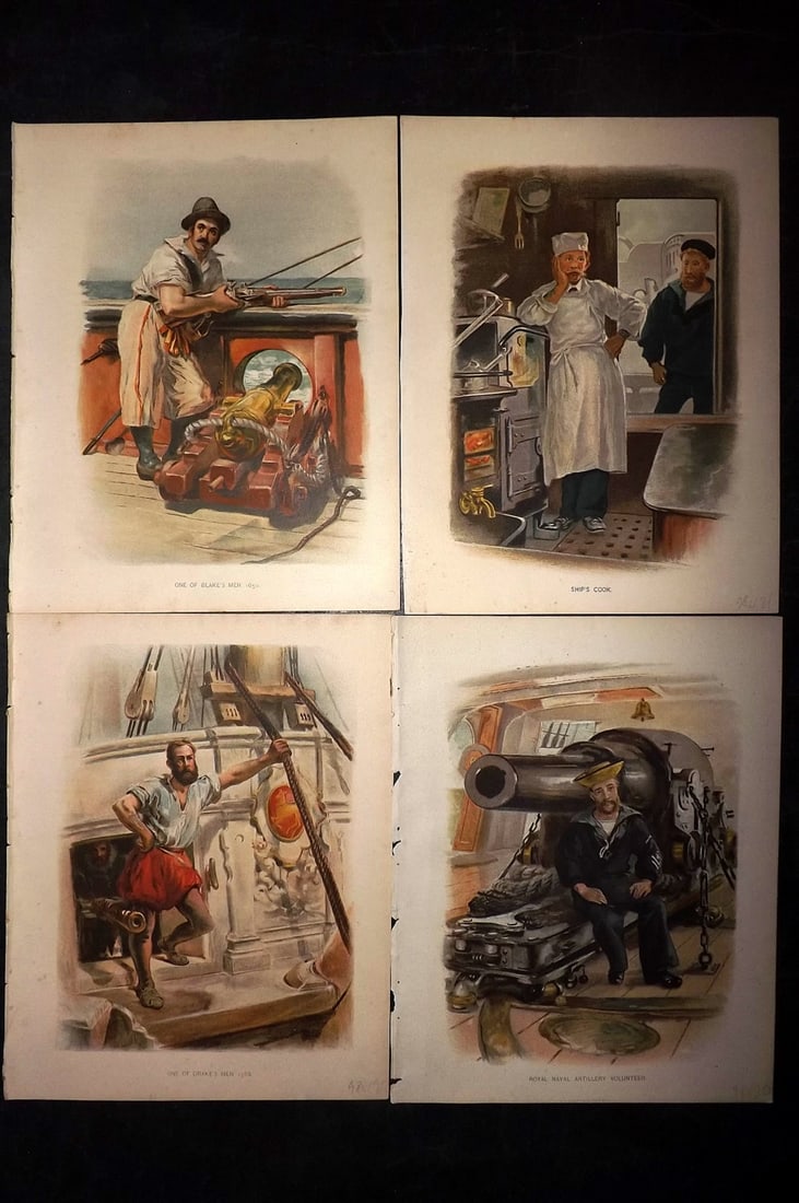 H.M. Navy 1889 Lot of 4 Antique Sailor Prints. Maritime: Chromolithograph Published 1889-1893 by J.S.Virtue & Co., London for "Her Majesty's Navy" By Lt. Charles Rathbone Low. Illustrated by W. Christian Symons and W. Fred Mitchell. Paper Size: 10.5 x 8 inc