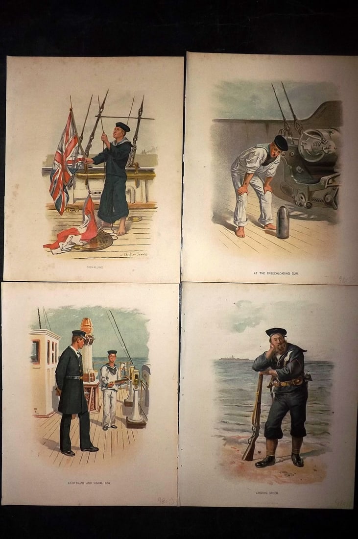 H.M. Navy 1889 Lot of 4 Antique Sailor Prints. Maritime: Chromolithograph Published 1889-1893 by J.S.Virtue & Co., London for "Her Majesty's Navy" By Lt. Charles Rathbone Low. Illustrated by W. Christian Symons and W. Fred Mitchell. Paper Size: 10.5 x 8 inc