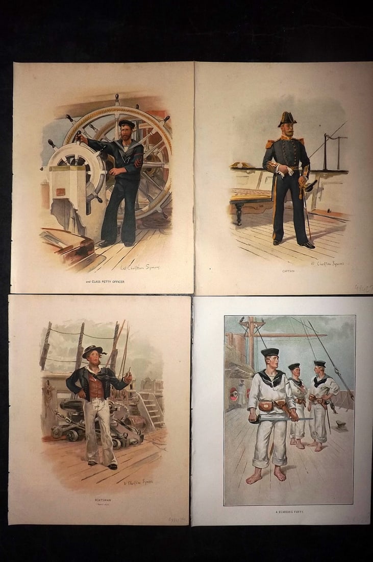 H.M. Navy 1889 Lot of 4 Antique Sailor Prints. Maritime: Chromolithograph Published 1889-1893 by J.S.Virtue & Co., London for "Her Majesty's Navy" By Lt. Charles Rathbone Low. Illustrated by W. Christian Symons and W. Fred Mitchell. Paper Size: 10.5 x 8 inc
