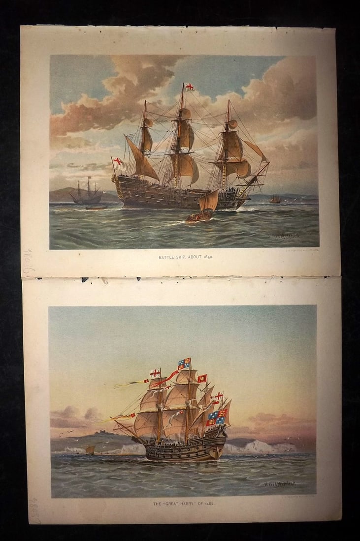 H.M. Navy 1889 Pair of Antique Ship Prints: Chromolithograph Published 1889-1893 by J.S.Virtue & Co., London for "Her Majesty's Navy" By Lt. Charles Rathbone Low. Illustrated by W. Christian Symons and W. Fred Mitchell. Paper Size: 10.5 x 8 inc