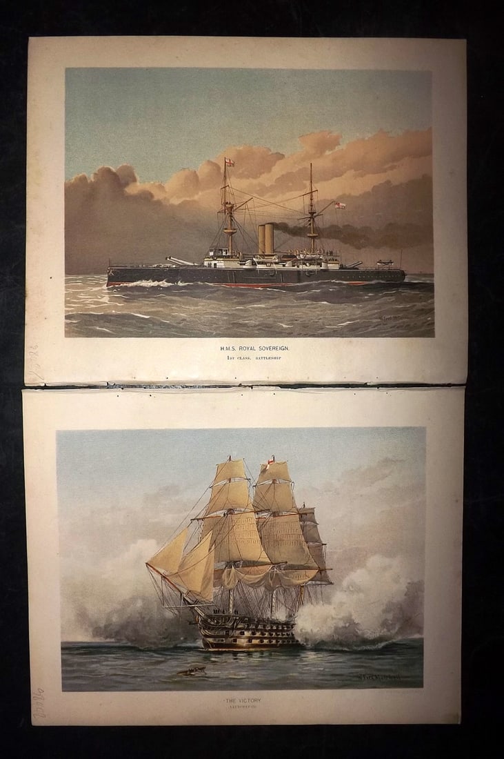 H.M. Navy 1889 Pair of Antique Ship Prints: Chromolithograph Published 1889-1893 by J.S.Virtue & Co., London for "Her Majesty's Navy" By Lt. Charles Rathbone Low. Illustrated by W. Christian Symons and W. Fred Mitchell. Paper Size: 10.5 x 8 inc