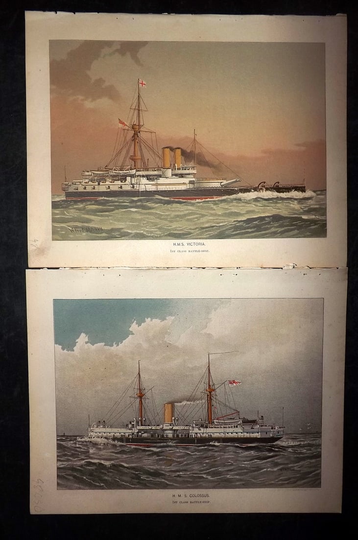 H.M. Navy 1889 Pair of Antique Ship Prints: Chromolithograph Published 1889-1893 by J.S.Virtue & Co., London for "Her Majesty's Navy" By Lt. Charles Rathbone Low. Illustrated by W. Christian Symons and W. Fred Mitchell. Paper Size: 10.5 x 8 inc