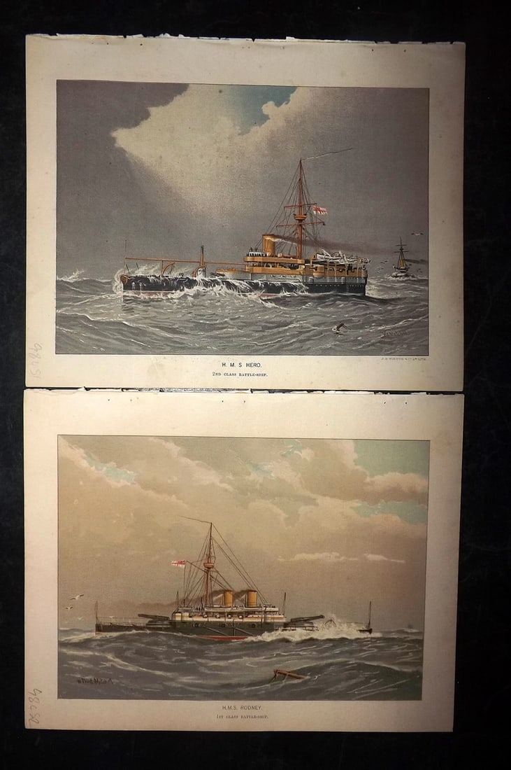 H.M. Navy 1889 Pair of Antique Ship Prints: Chromolithograph Published 1889-1893 by J.S.Virtue & Co., London for "Her Majesty's Navy" By Lt. Charles Rathbone Low. Illustrated by W. Christian Symons and W. Fred Mitchell. Paper Size: 10.5 x 8 inc
