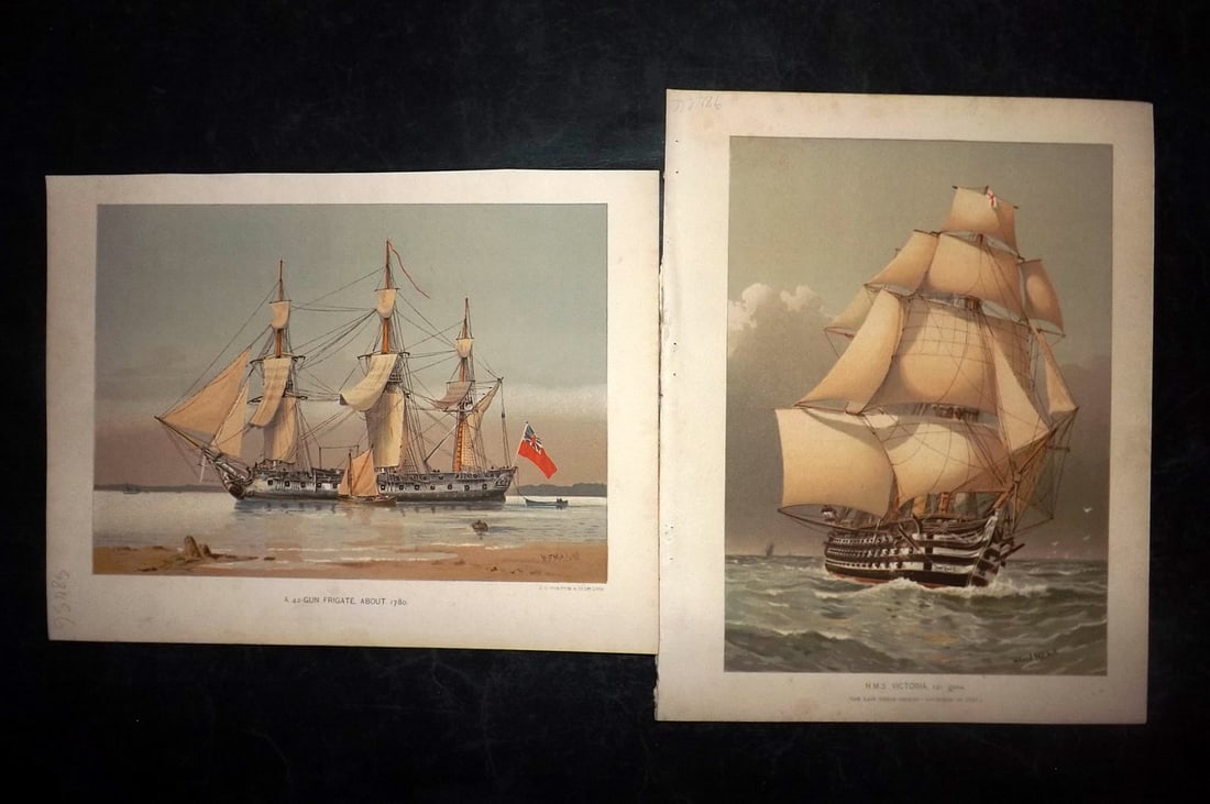 H.M. Navy 1889 Pair of Antique Ship Prints (1 of 2)