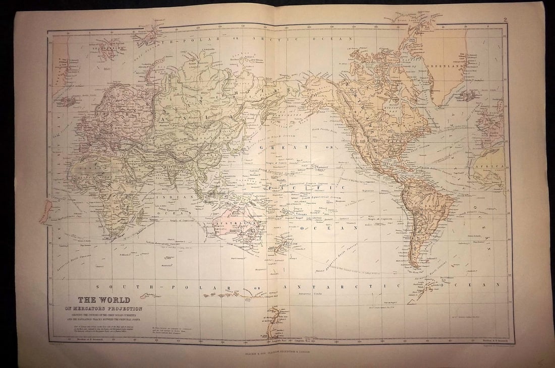 Blackie (Pub) 1882 Large Map. World on Mercators Projection (1 of 2)