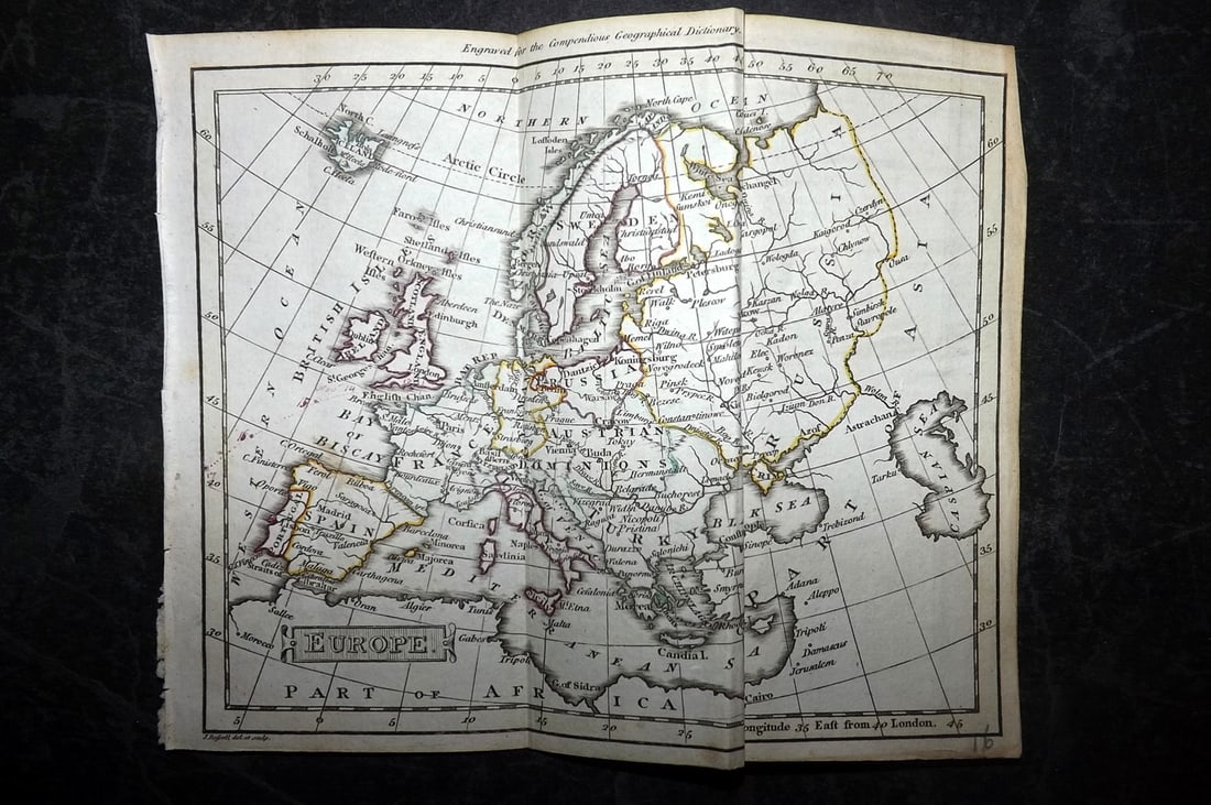 Russell, J. 1804 Antique Map. Europe: Copper Engraved Map with outline hand color Published 1804 by W. Peacock, London for "A Compendious Geographical Dictionary" Drawn and Engraved by J. Russell. Folds as issued. Paper Size: 6.5 x 5 inch