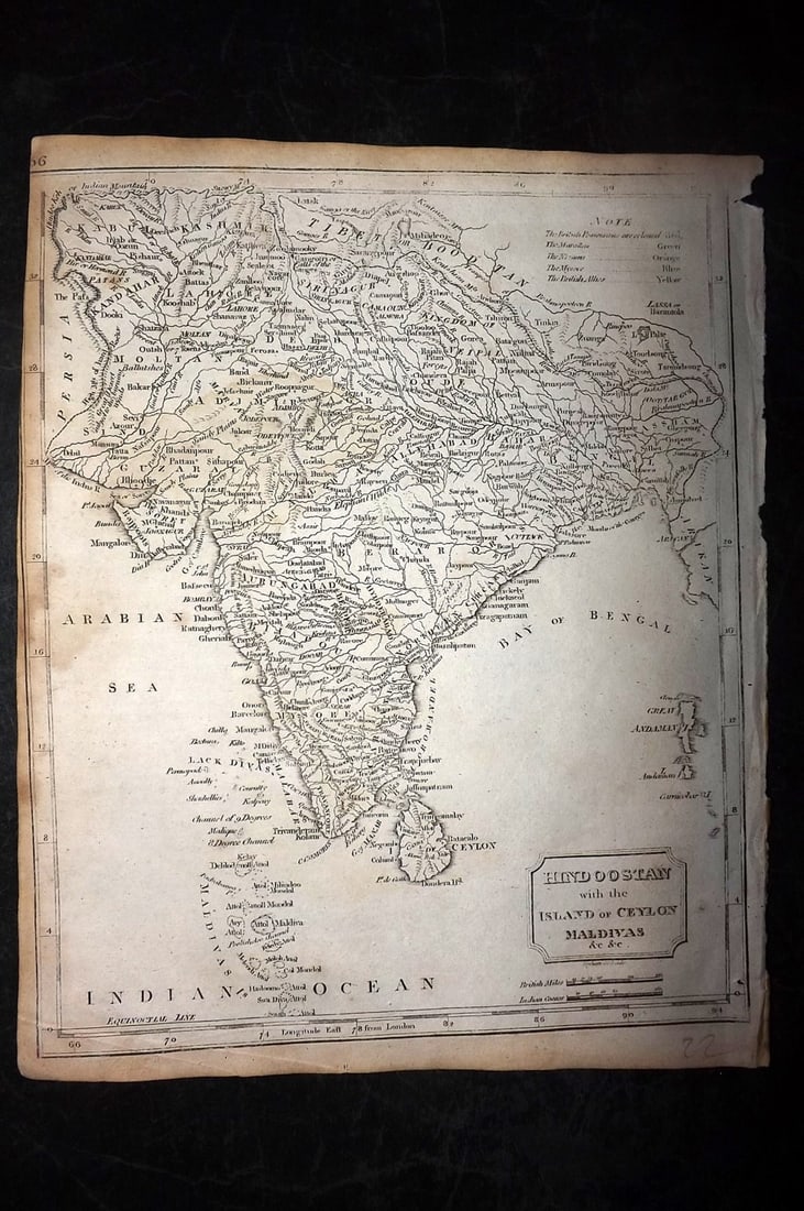 Barclay, James 1808 Antique Map. India, Ceylon & Maldives: "Hindoostan with the Islands of Ceylon, Maldivas &c &c." Copper Engraved Map Published 1806, London for "Barclay's Complete and Universal English Dictionary" by the Rev. James Barclay. Paper Size: 10 
