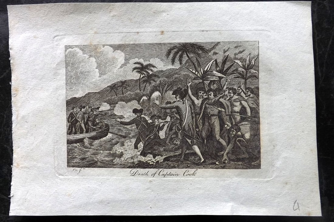 Russell & Allen (Pub) 1812 Copper Plate. Death of Captain Cook, Hawaii: Copper Plate Published 1812 by Russell and Allen, Manchester for "A New And Commercial System Of Geography" Paper Size: 8.5 x 6 inch (22 x 15cm) Trimmed from a larger sheet. Good Condition