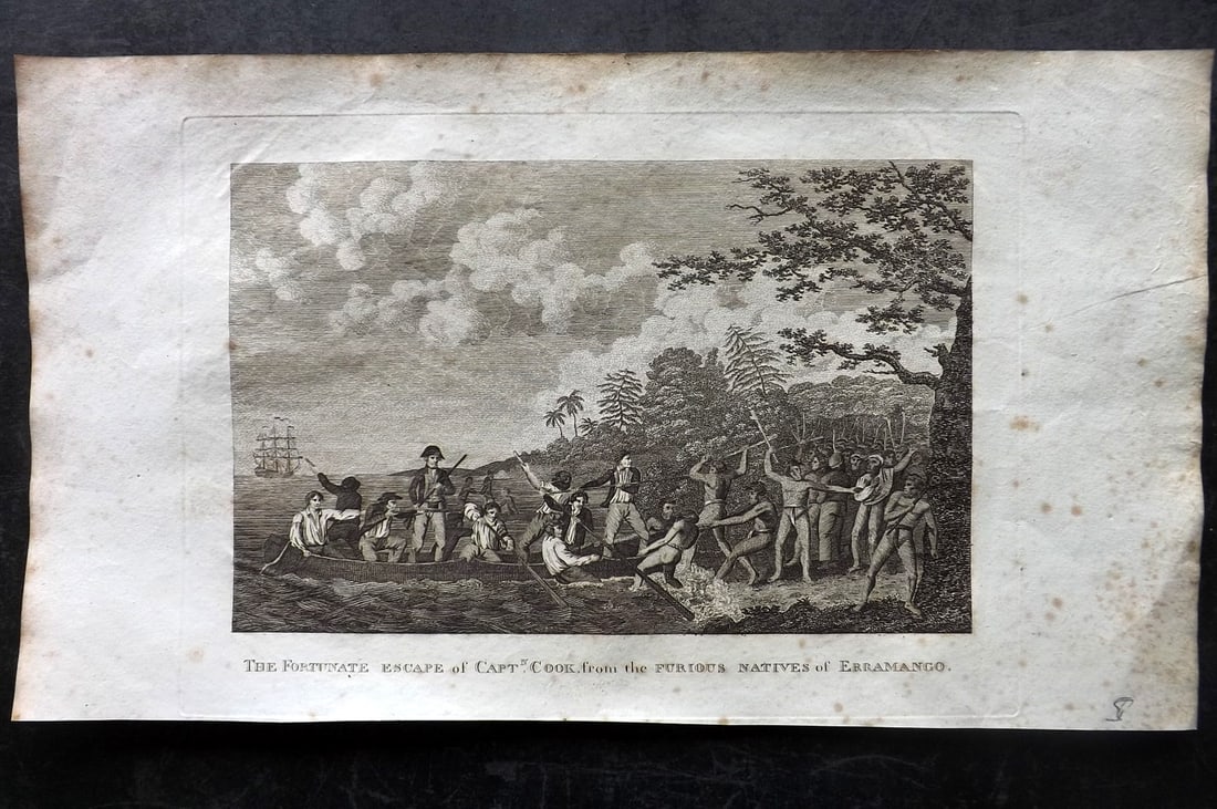 Russell & Allen (Pub) 1812 Folio Copper Plate. Captain Cook escape at Erromango, Pacific: Folio Copper Plate Published 1812 by Russell and Allen, Manchester for "A New And Commercial System Of Geography" Paper Size: 15.5 x 9 inch (39 x 23cm) Some tone spotting, mostly to margin. Otherwise 