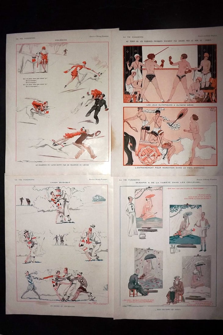 La Vie Parisienne 1928 Lot of 4 Art Deco Prints: Lithographs Published 1928, Paris for "La Vie Parisienne" Illustrated by Lissac, Barbier, Vallet, Valee, Prejelan, Herouard, Fournier, Kuhn-Regnier, Georges L?onnec and others. Verso text, but none sh