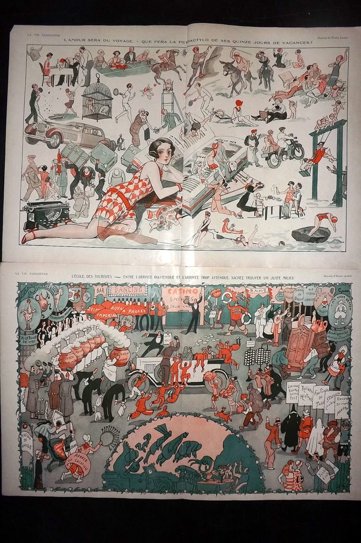 La Vie Parisienne 1928 Pair of Large Folio Double Prints: Lithographs Published 1928, Paris for "La Vie Parisienne" Illustrated by Lissac, Barbier, Vallet, Valee, Prejelan, Herouard, Fournier, Kuhn-Regnier, Georges L?onnec and others. Verso text, but none sh