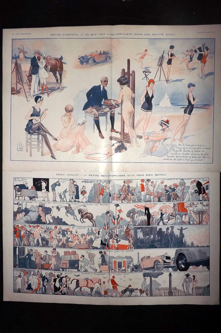 La Vie Parisienne 1928 Pair of Large Folio Double Prints: Lithographs Published 1928, Paris for "La Vie Parisienne" Illustrated by Lissac, Barbier, Vallet, Valee, Prejelan, Herouard, Fournier, Kuhn-Regnier, Georges L?onnec and others. Verso text, but none sh