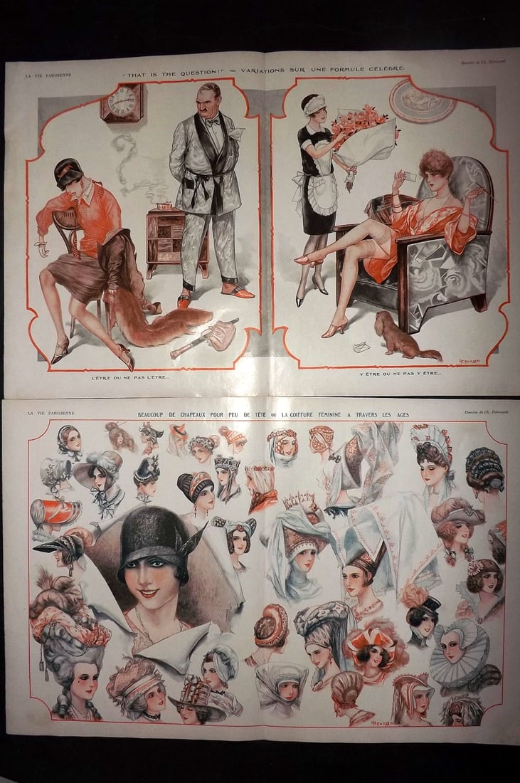 La Vie Parisienne 1928 Pair of Large Folio Double Prints: Lithographs Published 1928, Paris for "La Vie Parisienne" Illustrated by Lissac, Barbier, Vallet, Valee, Prejelan, Herouard, Fournier, Kuhn-Regnier, Georges L?onnec and others. Verso text, but none sh