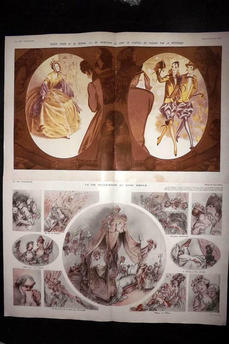 La Vie Parisienne 1928 Pair of Large Folio Double Prints: Lithographs Published 1928, Paris for "La Vie Parisienne" Illustrated by Lissac, Barbier, Vallet, Valee, Prejelan, Herouard, Fournier, Kuhn-Regnier, Georges L?onnec and others. Verso text, but none sh