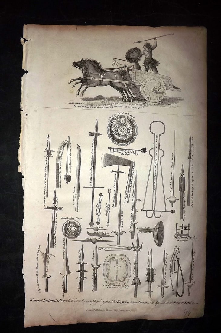 Malham, John 1816 Folio Print. Ancient Weapons & Briton on War Chariot (1 of 2)