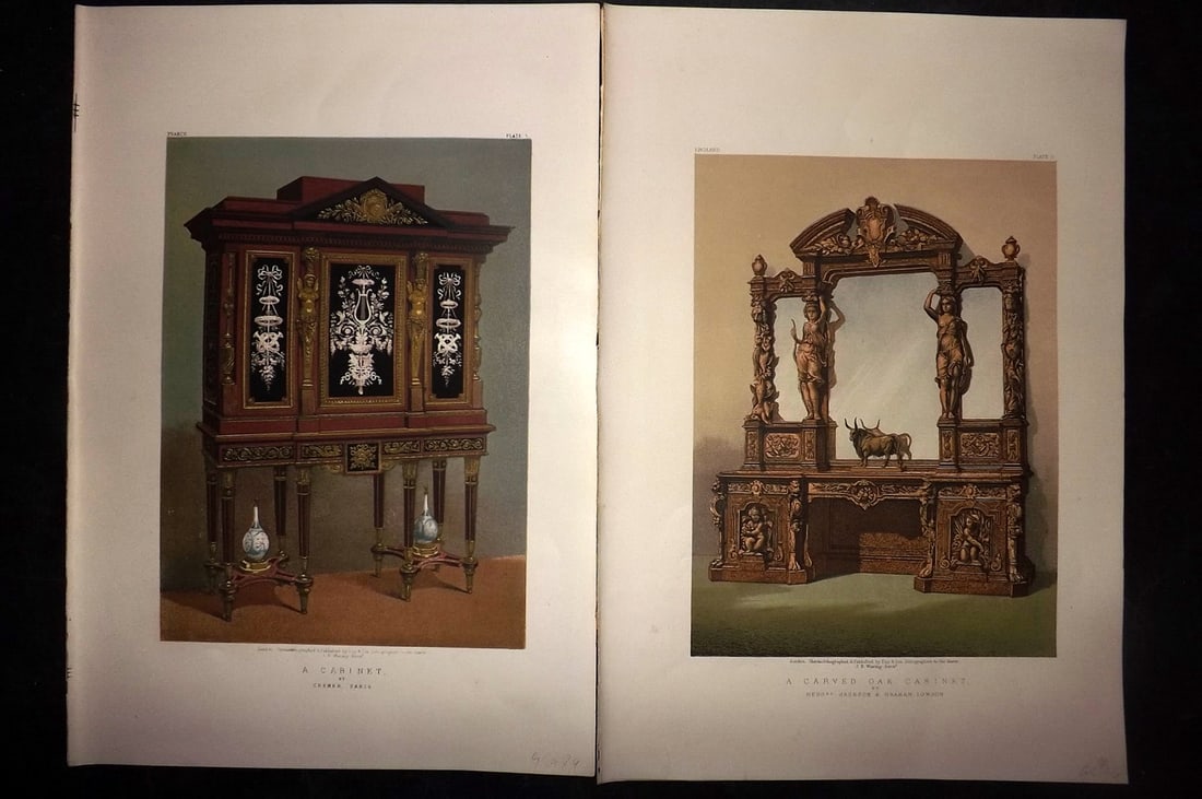 Waring, John 1858 Pair of LG Folio Prints. Cabinets: Chromolithographs Published 1863 by Day & Son, London for "Masterpieces of Industrial Art & Sculpture at The Great Exhibition, 1862" by J. B. Waring. Chromolithographed by and under the direction of W