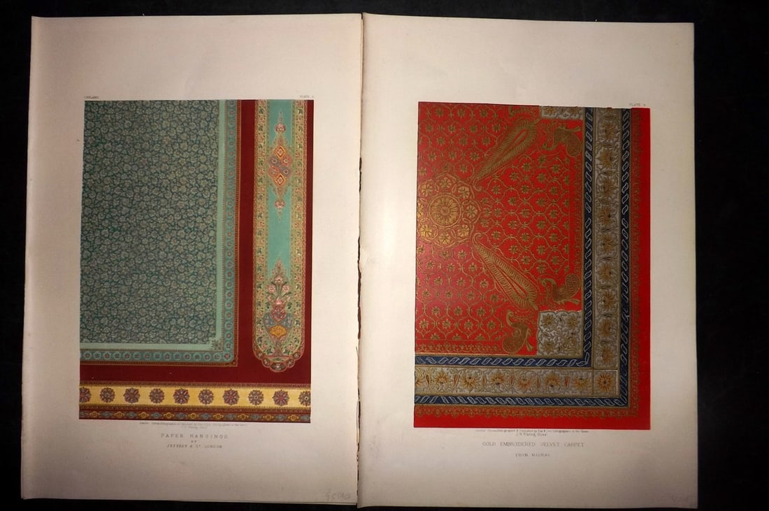 Waring, John 1858 Pair of LG Folio Prints. Carpet & Paper Hangings: Chromolithographs Published 1863 by Day & Son, London for "Masterpieces of Industrial Art & Sculpture at The Great Exhibition, 1862" by J. B. Waring. Chromolithographed by and under the direction of W