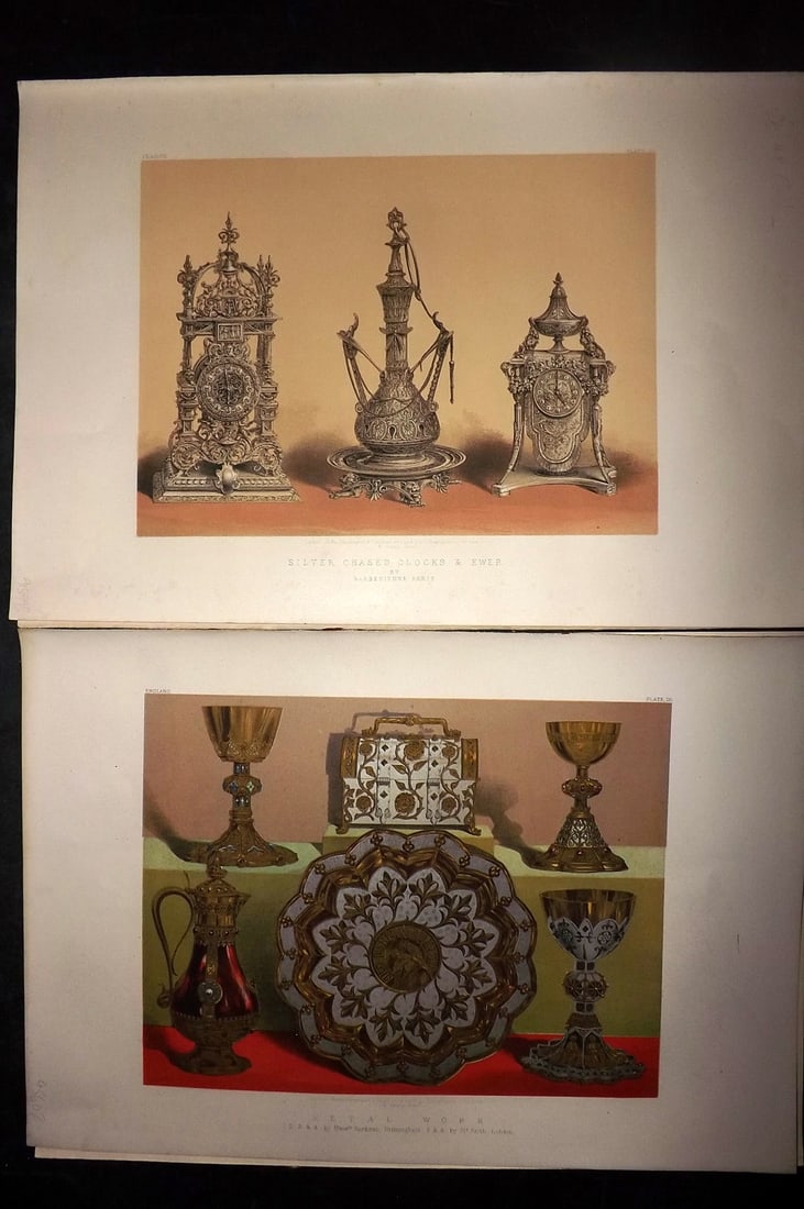 Waring, John 1858 Pair of LG Folio Prints. Silver Clocks & Metal Work (1 of 2)
