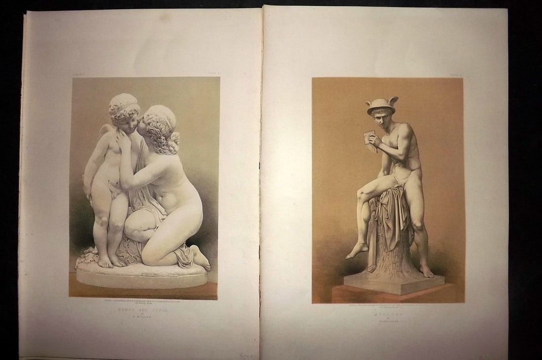 Waring, John 1858 Pair of LG Folio Prints. Statues Sculptures: Chromolithographs Published 1863 by Day & Son, London for "Masterpieces of Industrial Art & Sculpture at The Great Exhibition, 1862" by J. B. Waring. Chromolithographed by and under the direction of W