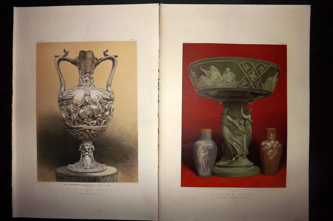 Waring, John 1858 Pair of LG Folio Prints. Vases: Chromolithographs Published 1863 by Day & Son, London for "Masterpieces of Industrial Art & Sculpture at The Great Exhibition, 1862" by J. B. Waring. Chromolithographed by and under the direction of W