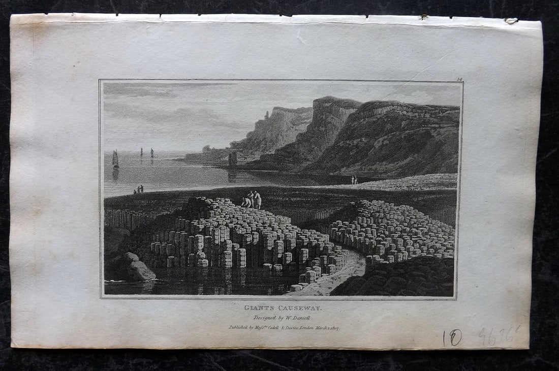 Daniell, William 1807 Antique Print. Giants Causeway, Northern Ireland: Aquatint Published 1807, London for "Zoography; or, The Beauties of Nature Displayed" by William Wood. Illustrated by William Daniell. Paper Size: 10.5 x 6.5 inch (27 x 16.5cm) Very minor margin tonin