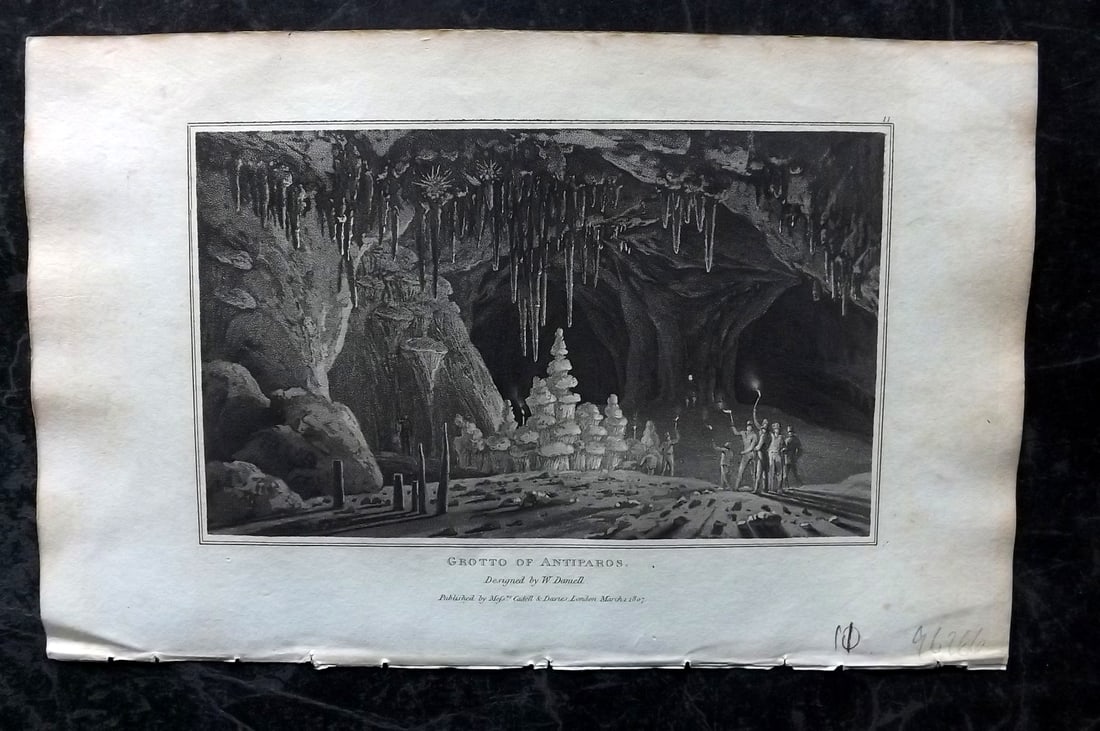 Daniell, William 1807 Antique Print. Grotto of Antiparos, Greece: Aquatint Published 1807, London for "Zoography; or, The Beauties of Nature Displayed" by William Wood. Illustrated by William Daniell. Paper Size: 10.5 x 6.5 inch (27 x 16.5cm) Very minor margin tonin