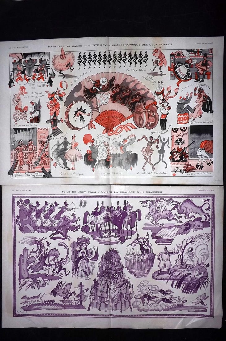 La Vie Parisienne 1928 Pair of Large Folio Double Prints: Lithographs Published 1928, Paris for "La Vie Parisienne" Illustrated by Lissac, Barbier, Vallet, Valee, Prejelan, Herouard, Fournier, Kuhn-Regnier, Georges L?onnec and others. Verso text, but none sh