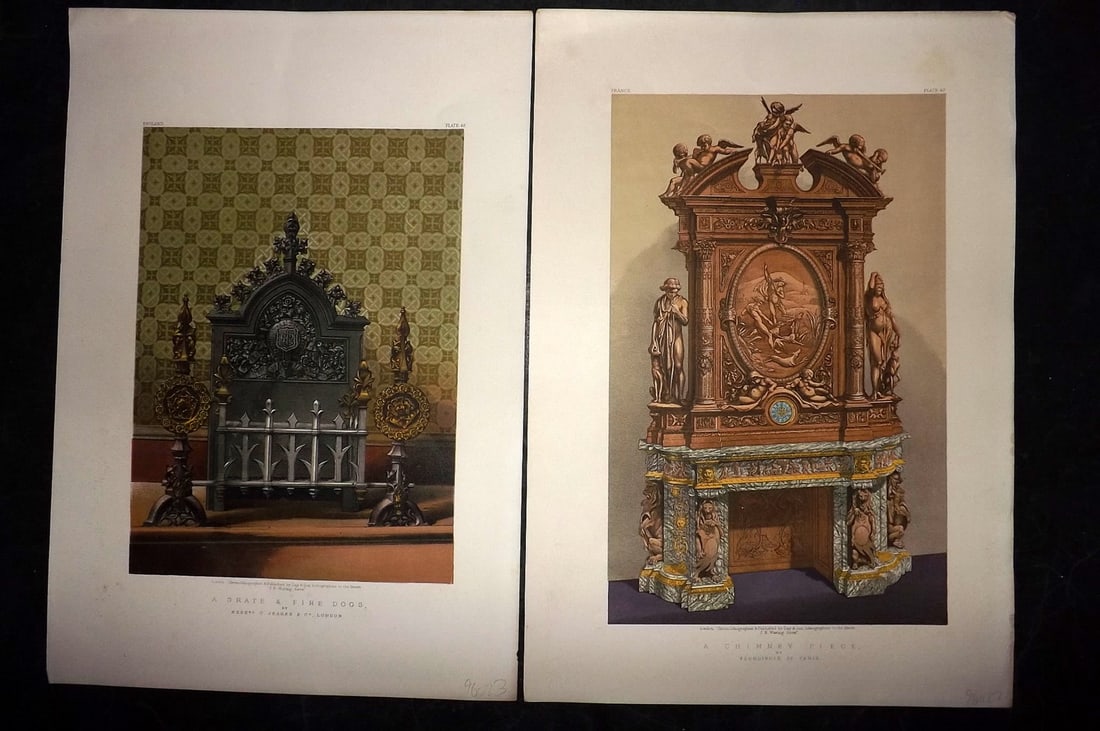 Waring, John 1863 Pair of LG Folio Prints. Chimney Piece, Grate & Fire Dogs (1 of 2)
