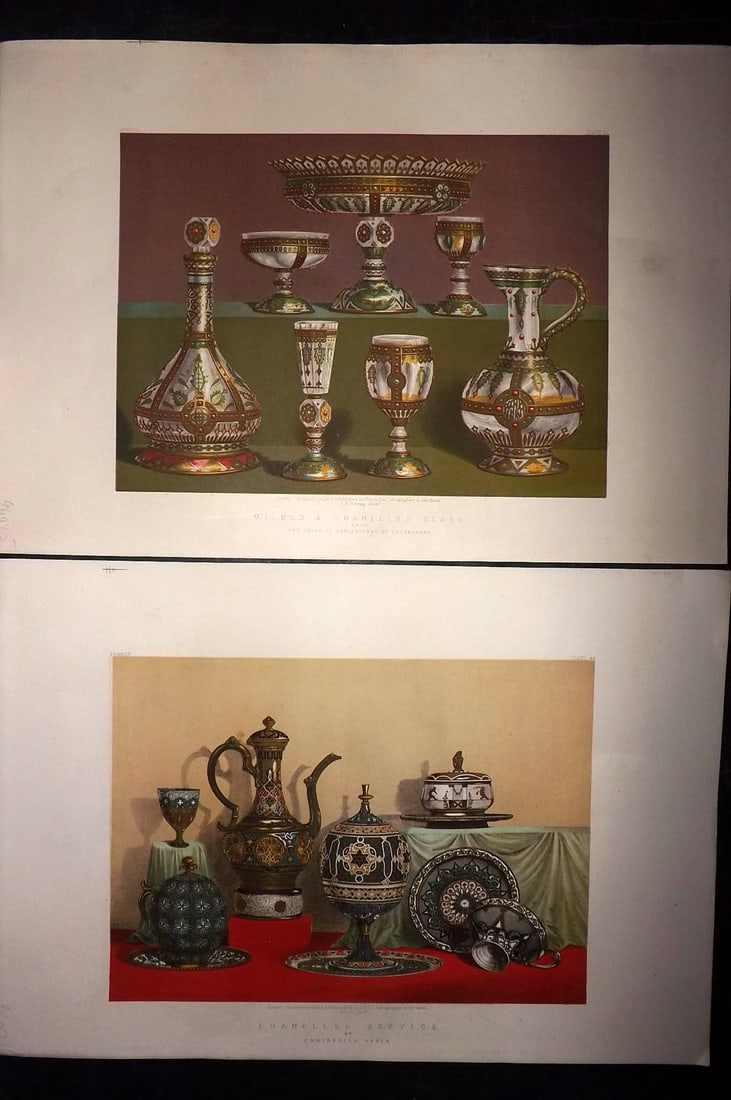 Waring, John 1863 Pair of LG Folio Prints. Enamelled Glass & Service: Chromolithographs Published 1863 by Day & Son, London for "Masterpieces of Industrial Art & Sculpture at The Great Exhibition, 1862" by J. B. Waring. Chromolithographed by and under the direction of W