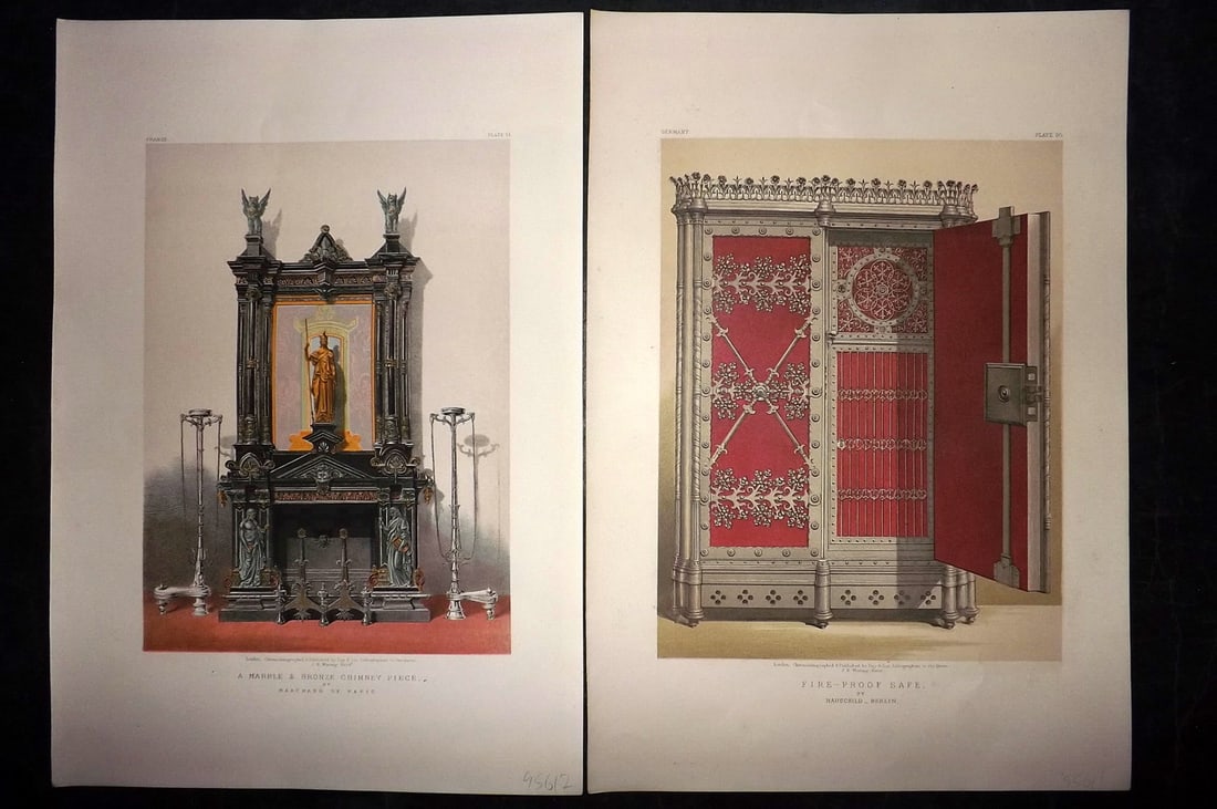 Waring, John 1863 Pair of LG Folio Prints. Fire Proof Safe & Chimney Piece (1 of 2)