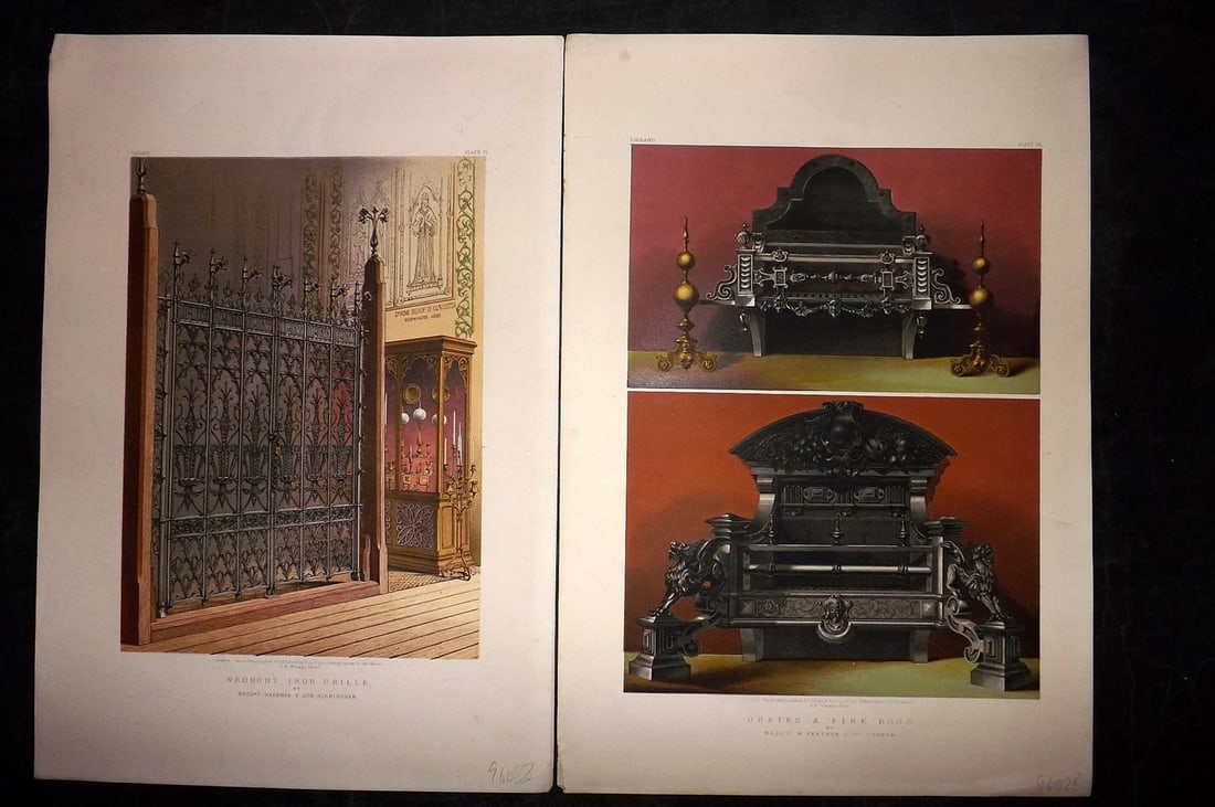 Waring, John 1863 Pair of LG Folio Prints. Grates, Fire Dogs, Wrought Iron Gate (1 of 2)