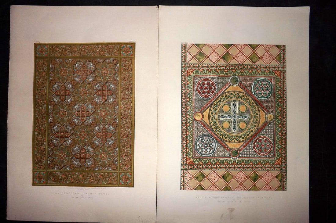 Waring, John 1863 Pair of LG Folio Prints. Mosaic & Leather Panel: Chromolithographs Published 1863 by Day & Son, London for "Masterpieces of Industrial Art & Sculpture at The Great Exhibition, 1862" by J. B. Waring. Chromolithographed by and under the direction of W