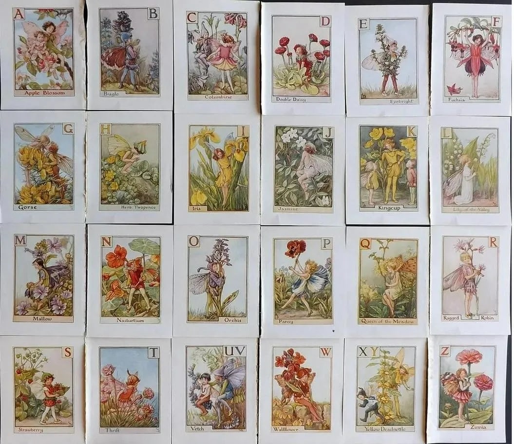 Barker, Cicely Mary C1940 Lot of 24 Flower-Fairy Prints - Alphabet: Alphabet Fairies. Lithographs Published C1935-45 by Blackie & Son, London & Glasgow for the "Flower-Fairies" Series by Cicely Mary Barker. Reverse side blank. Paper Size: 5.5 x 4 inch (14 x 10cm) Good