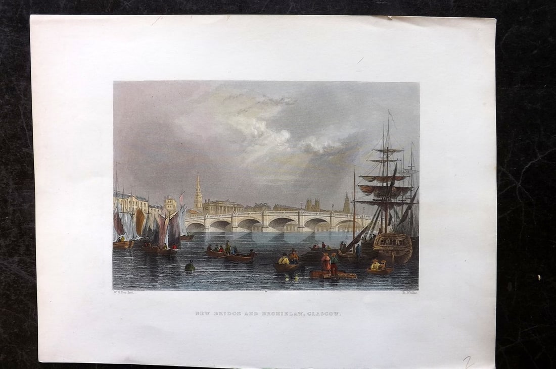Bartlett - Finden's Ports 1842 Hand Col Print. Glasgow, Scotland, Ships: Hand Colored Steel Engravings Published 1842, London for "The Ports, Harbours, Watering-Places and Picturescque Scenery of Great Britain" by William Finden. Illustrated by Bartlett & Harding. Paper Si