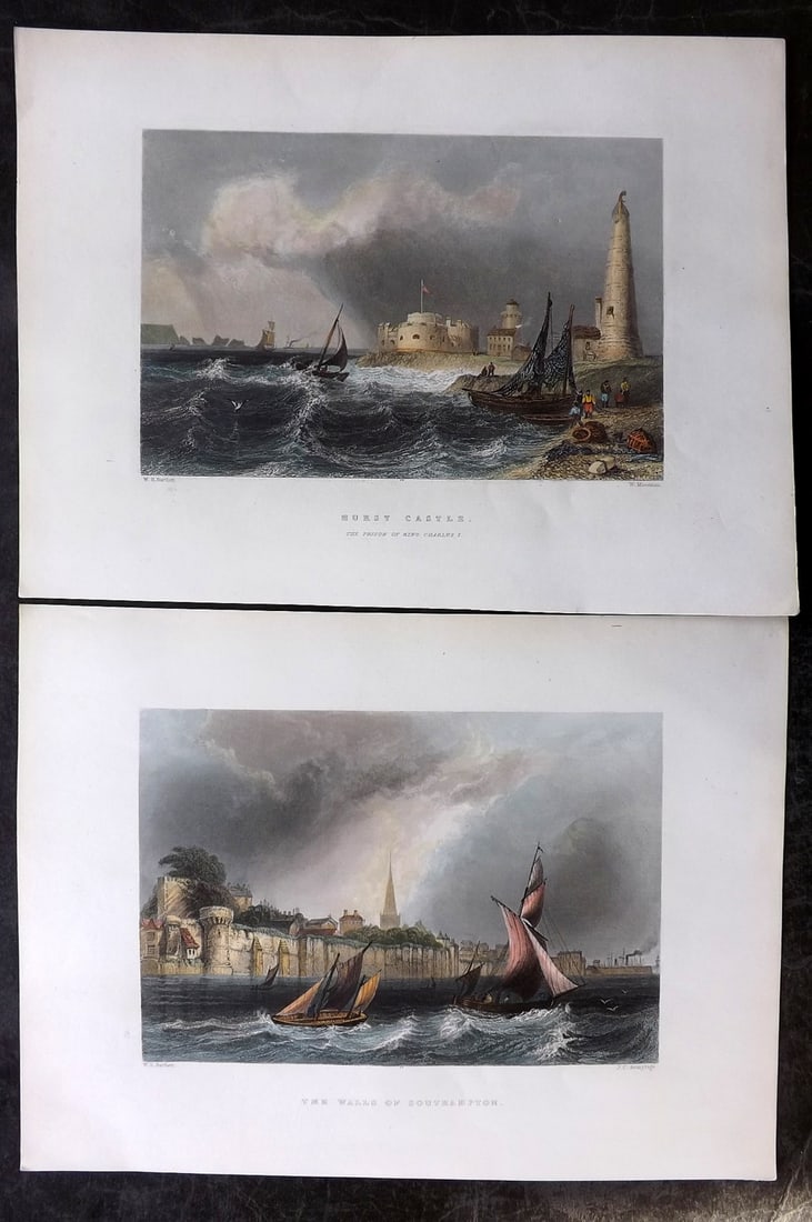 Bartlett - Finden's Ports 1842 Pair of HCol Prints. Southhampton: Hand Colored Steel Engravings Published 1842, London for "The Ports, Harbours, Watering-Places and Picturescque Scenery of Great Britain" by William Finden. Illustrated by Bartlett & Harding. Paper Si