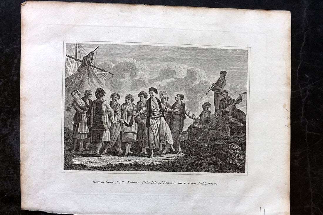 Cooke, George 1801 Print. Greek Dance, Isle of Paros, Greece: Copper Plate Published 1801-07 by Macdonald & Son, London for "Modern and Authentic System of Universal Geography" By George A. Cooke. Paper Size: 10 x 8 inch (26 x 21cm) Minor margin toning. Good Con