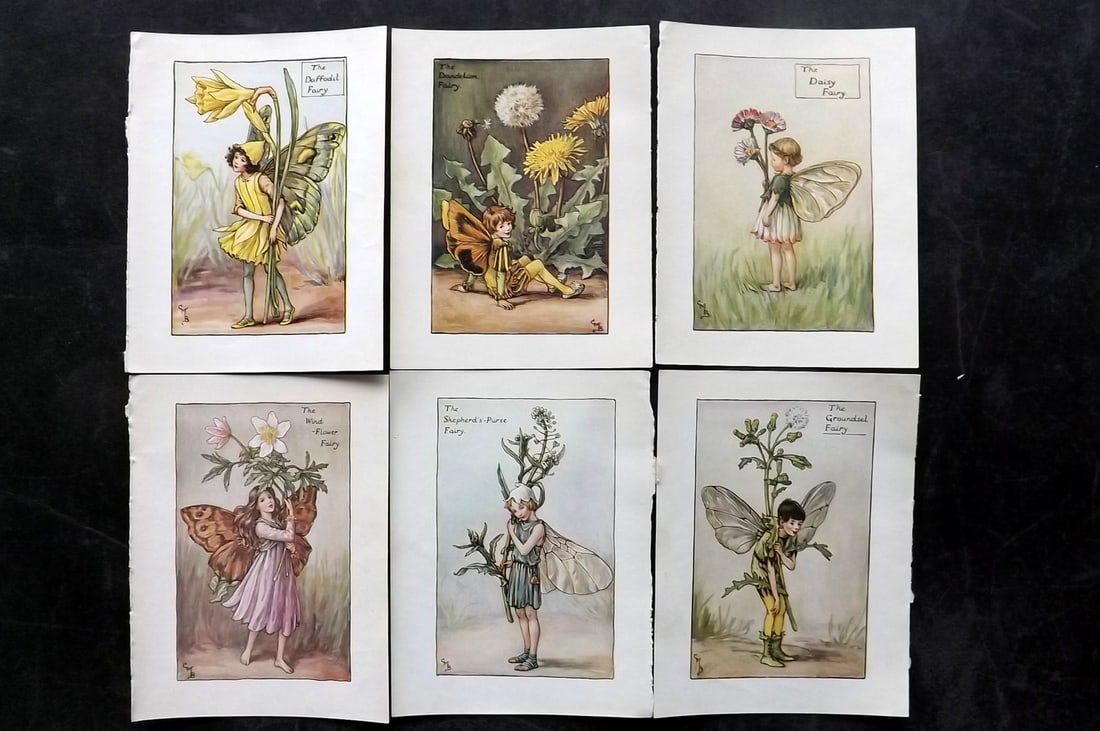 Barker, Cicely Mary C1940 Lot of 6 Flower-Fairy Prints - Spring: Spring Fairies. Lithographs Published C1935-45 by Blackie & Son, London & Glasgow for the "Flower-Fairies" Series by Cicely Mary Barker. Reverse side blank. Paper Size: 5.5 x 4 inch (14 x 10cm) Good C