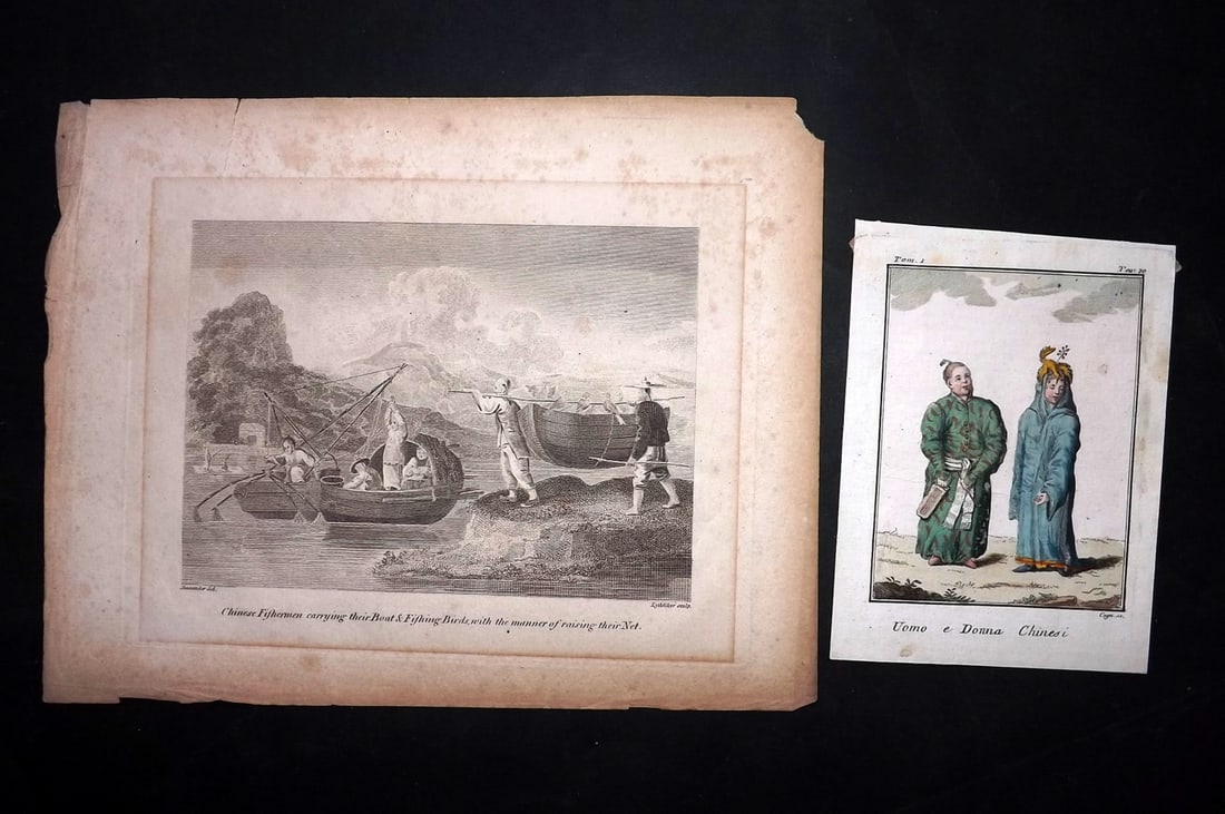 China C1810 Pair of Prints. Costume & Chinese Fishermen incl Hand Col (1 of 2)